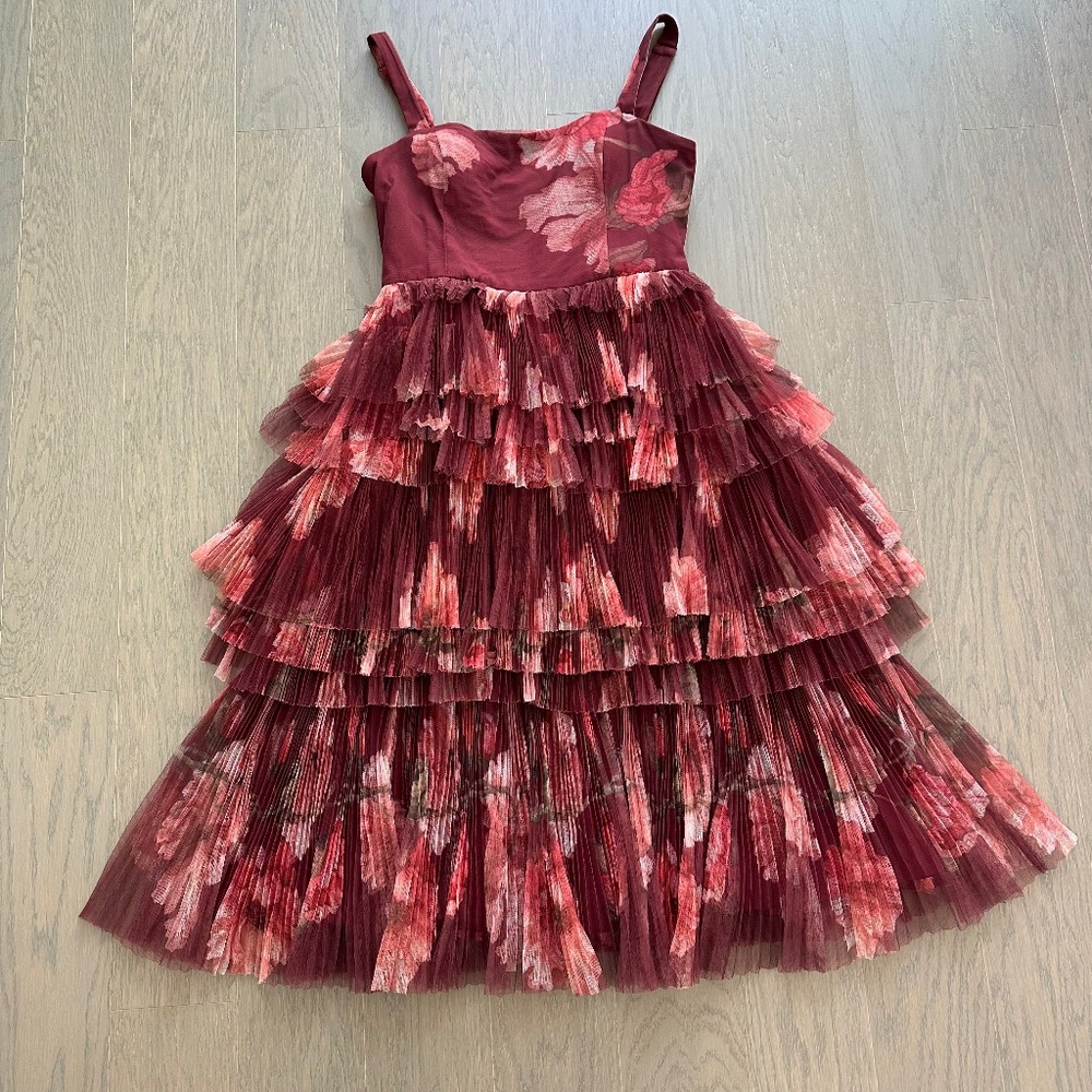 Hutch Burgundy Floral Tiered Maxi Dress, hemmed to midi length - Picture 2 of 12